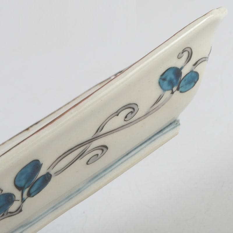 九谷焼　古九谷　角福銘　色絵花草文　四方皿　時代箱　C　9248