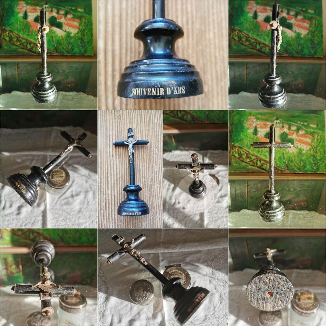 アンティーク フランス 黒木の筒十字架と銀色のイエスキリスト アルス