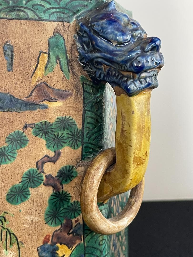 希少 古九谷 青九谷 青手 香炉 角福 1800年 香炉 鳳凰 獅子 吉田屋