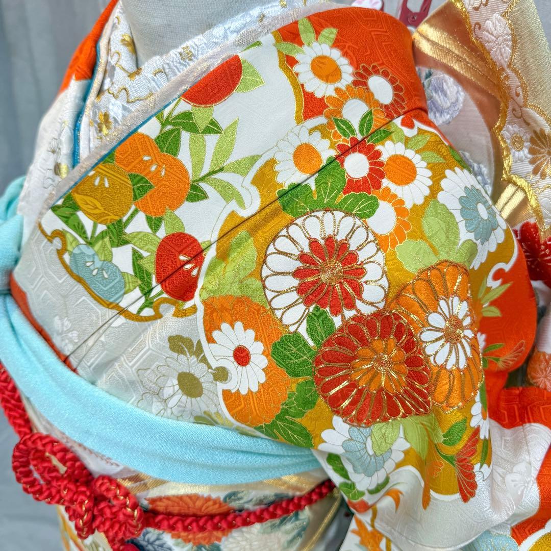 振袖フルセット 古典柄 トールサイズ 161〜171 白地オレンジ 正絹 成人