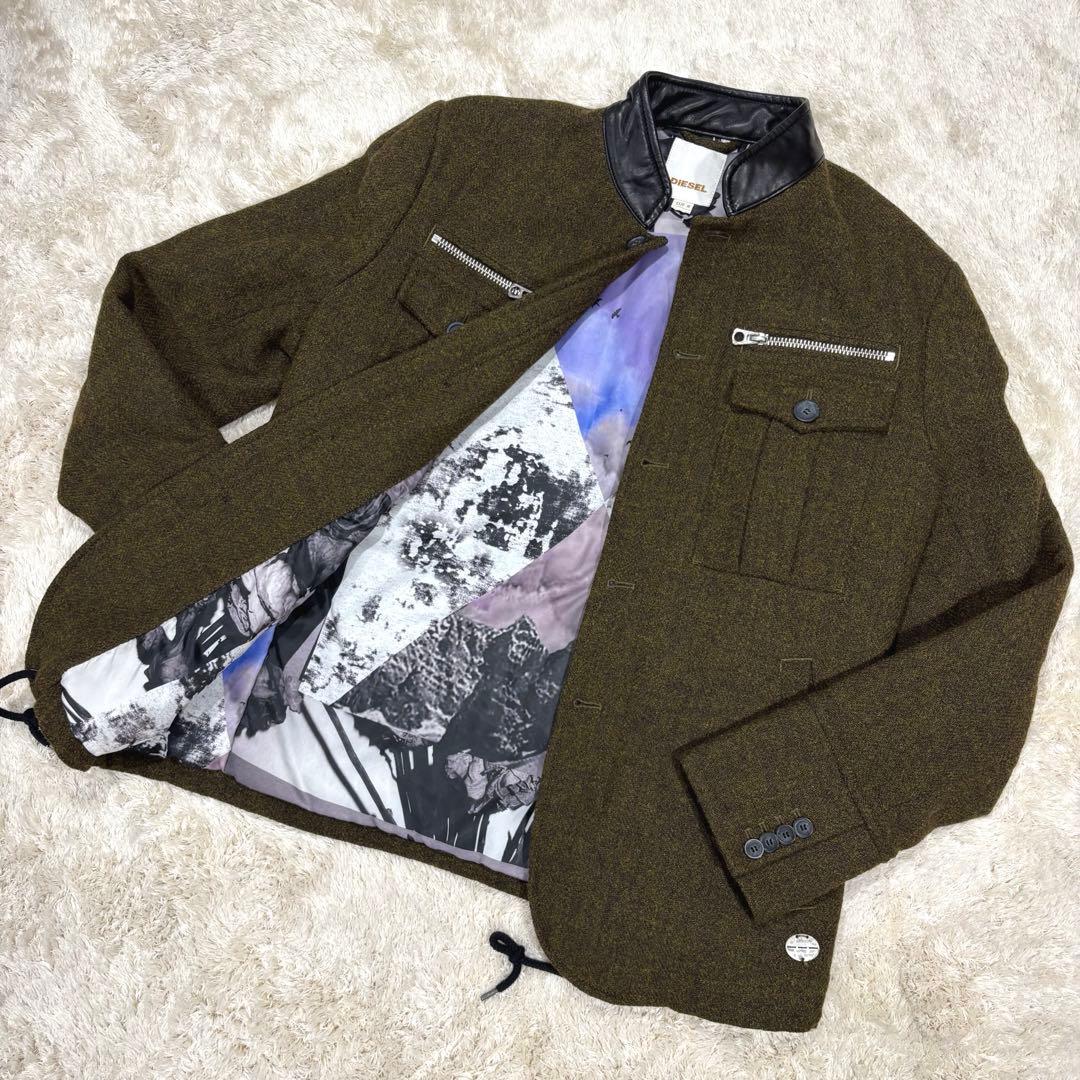 【美品】DIESEL ディーゼル 裏地アート総柄 ウールジャケット 襟レザー　M