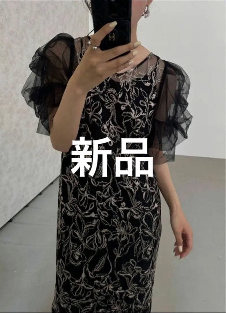 新品 リルアー　刺繍入りフリル袖ロングドレス Fluffy sleeve pencil dress|LE'RURE