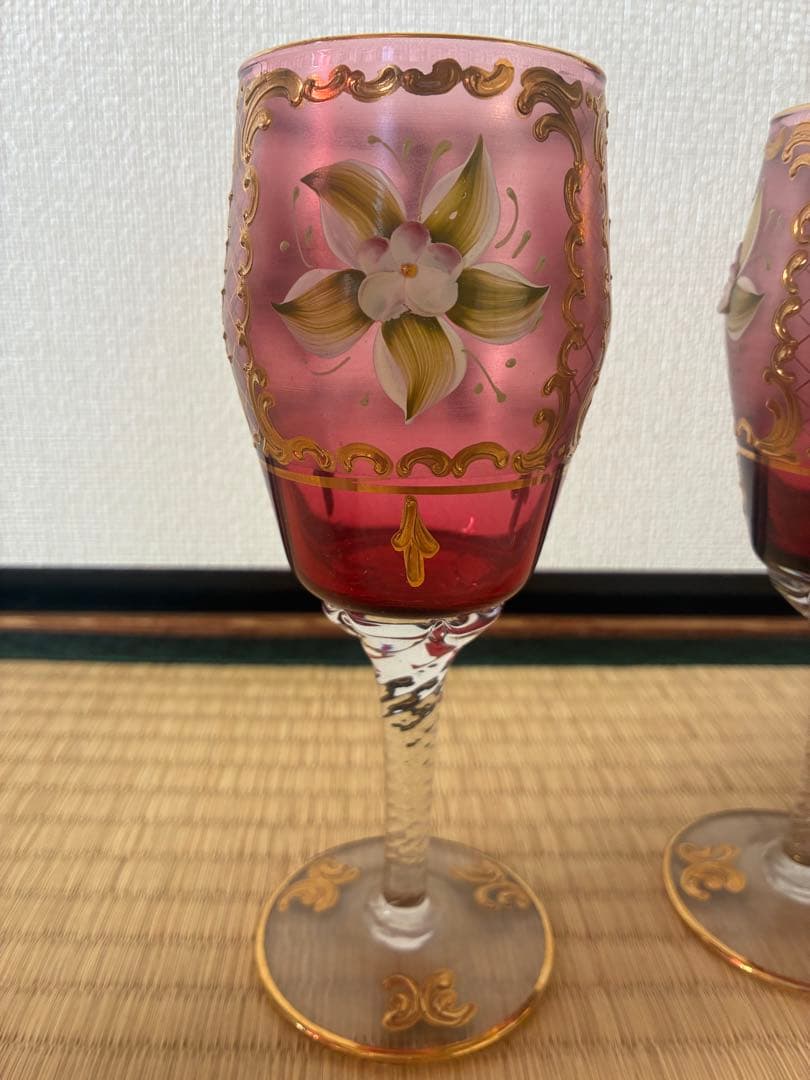 ベネチアングラス ピンク花柄 セット 美術品・アンティーク・コレクション