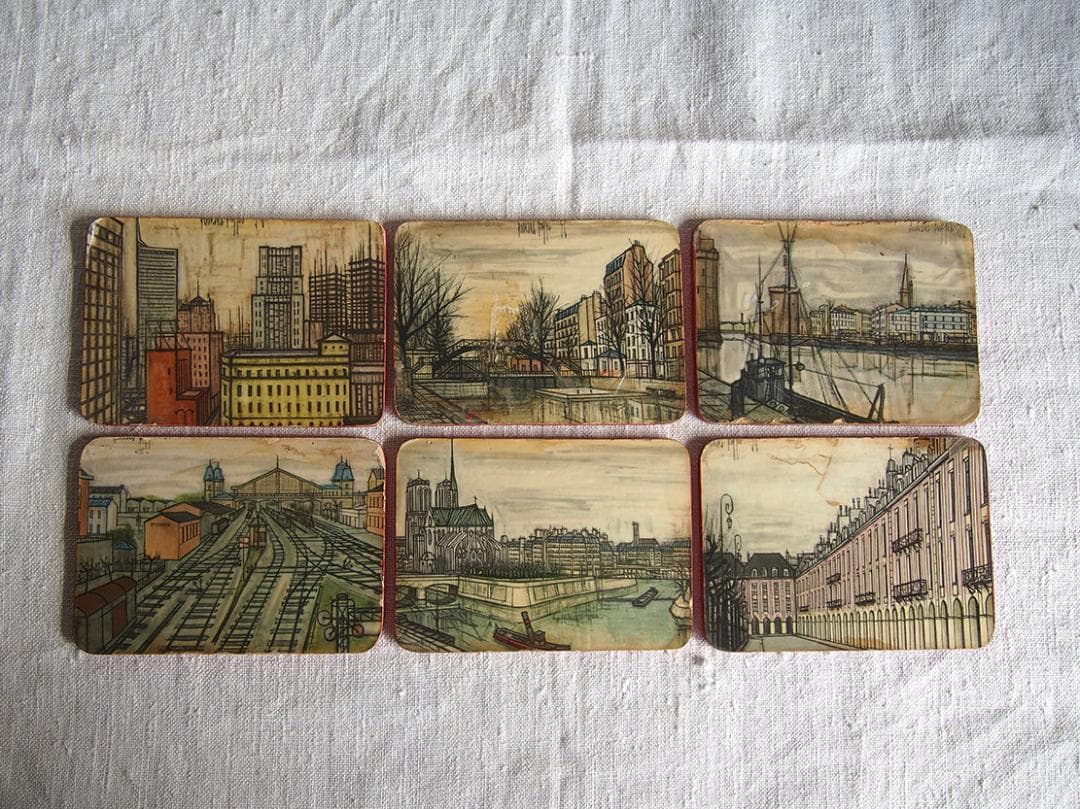 パリの画家ベルナール・ビュッフェのコースター6枚 ミッドセンチュリー