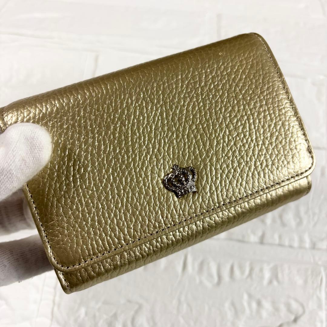 【未使用級】デンハマノ　レザー リトロ　王冠 二つ折り財布 ゴールド