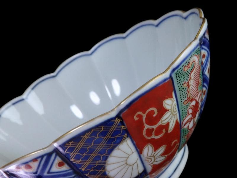 大聖寺伊万里 金襴手 寿紋に輪花楕円変形皿 大振向付 E704AS-CZk