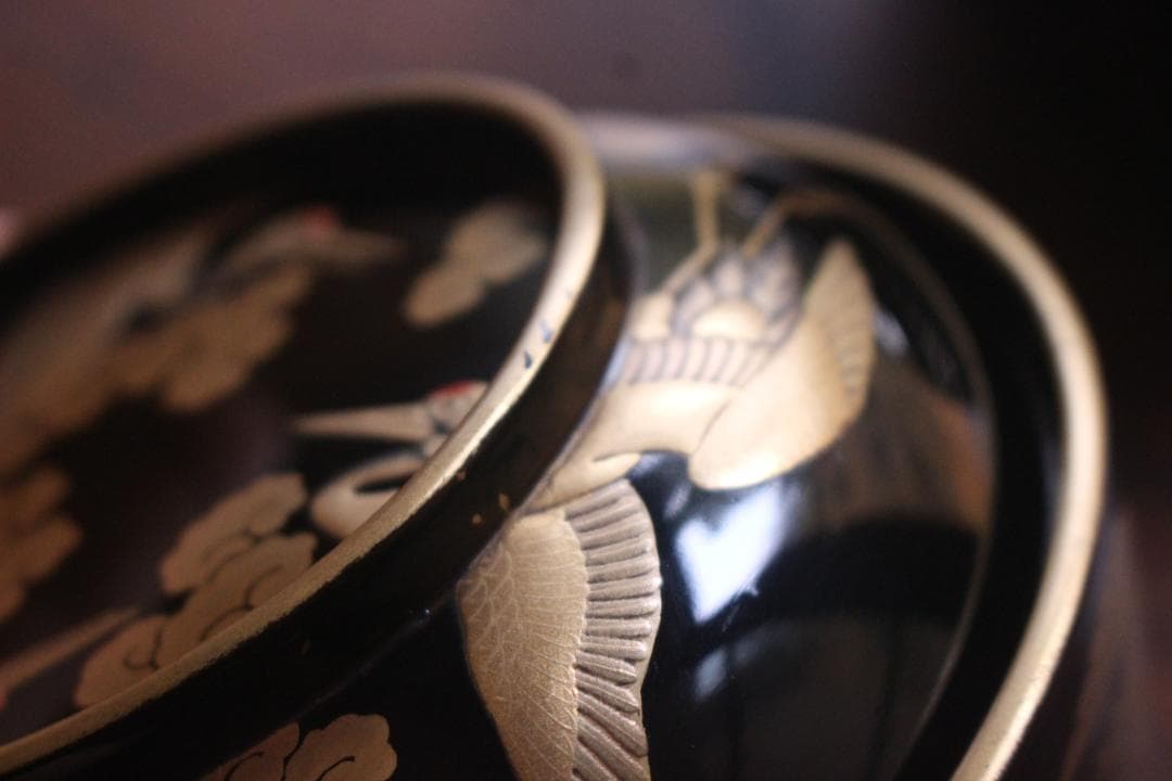 高台縁傷のみ！時代金縁黒漆に極上雲鶴蒔絵の映える煮物椀2点（検京塗輪島塗雑煮椀