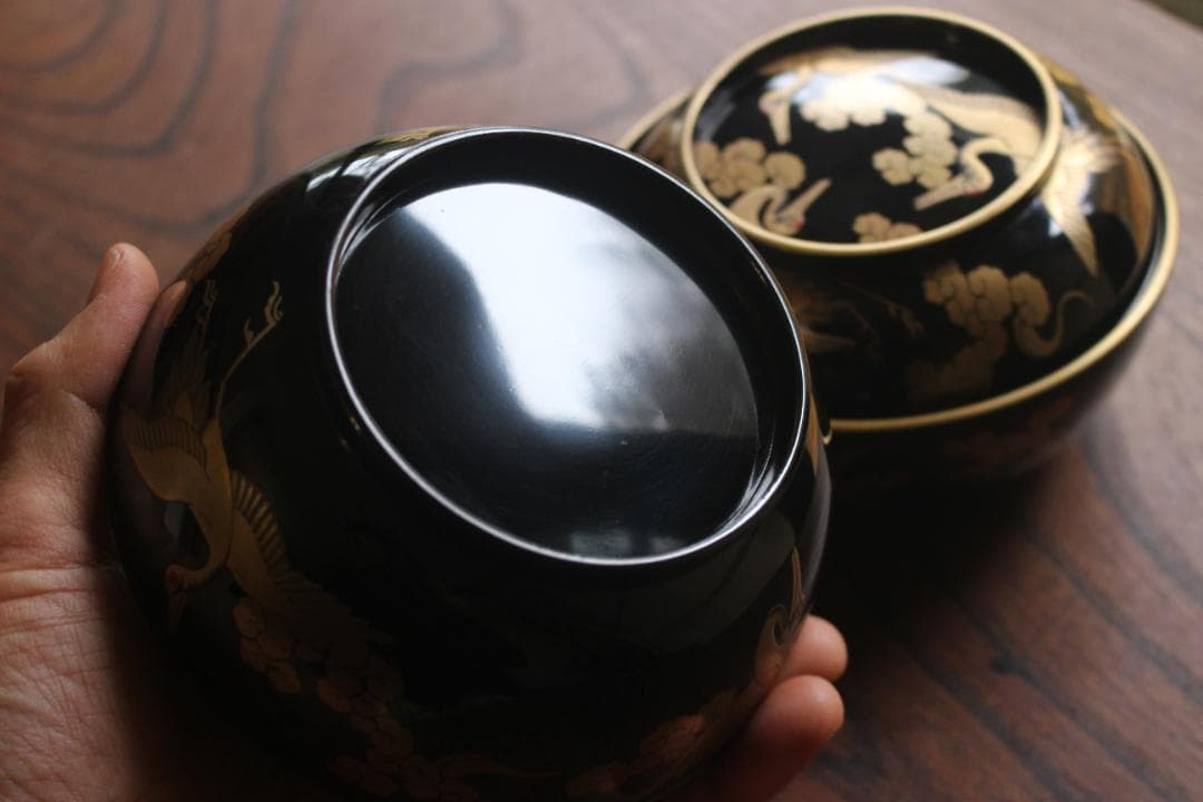 高台縁傷のみ！時代金縁黒漆に極上雲鶴蒔絵の映える煮物椀2点（検京塗輪島塗雑煮椀