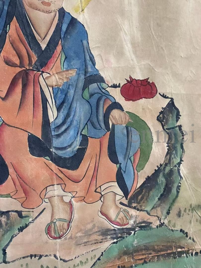 中国古美術・旧藏・明代風・丁雲鵬款・仏像図・絹本・中堂掛軸・純手描き・