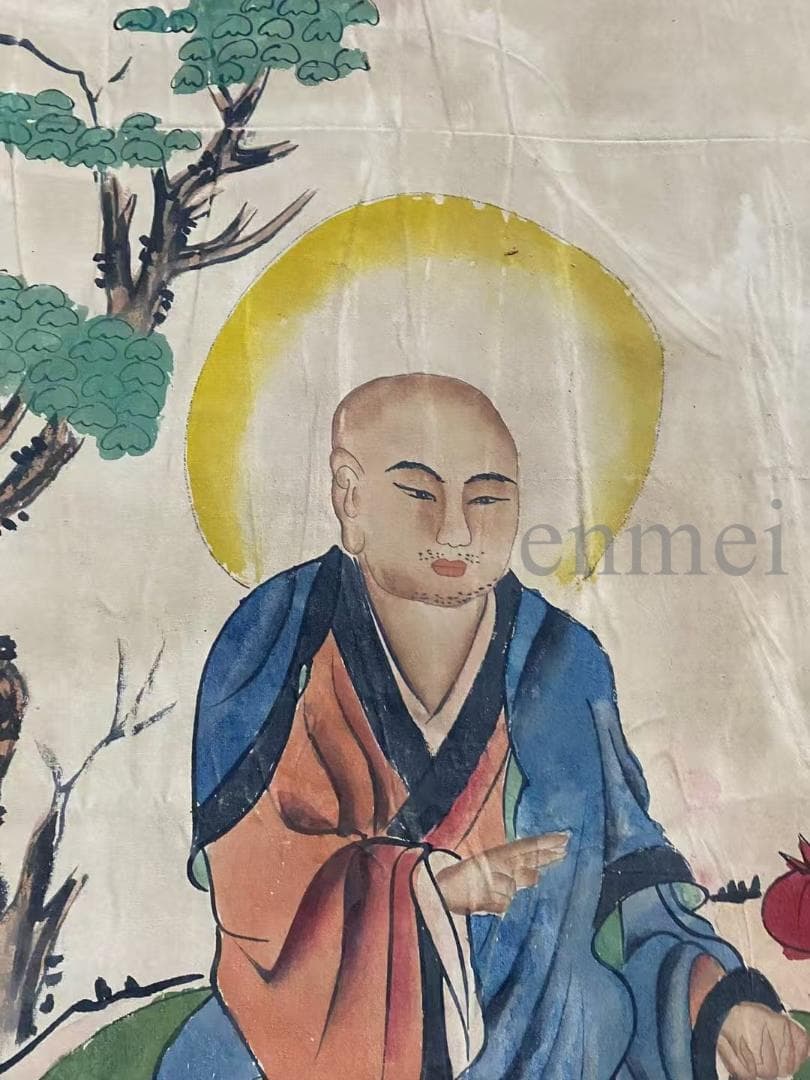 中国古美術・旧藏・明代風・丁雲鵬款・仏像図・絹本・中堂掛軸・純手描き・