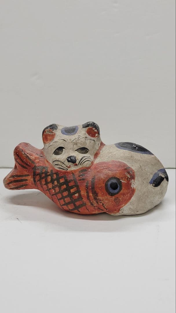 おめでたい お正月玄関に 明治時代 鯛猫 ガラ入 古い練り人形 土人形 郷土