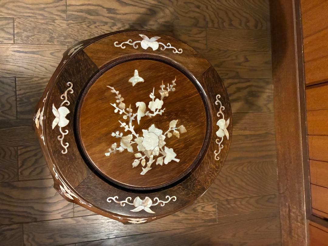 美品】花梨 無垢 螺鈿細工 丸椅子 スツール 腰掛け 中国美術 工芸品美