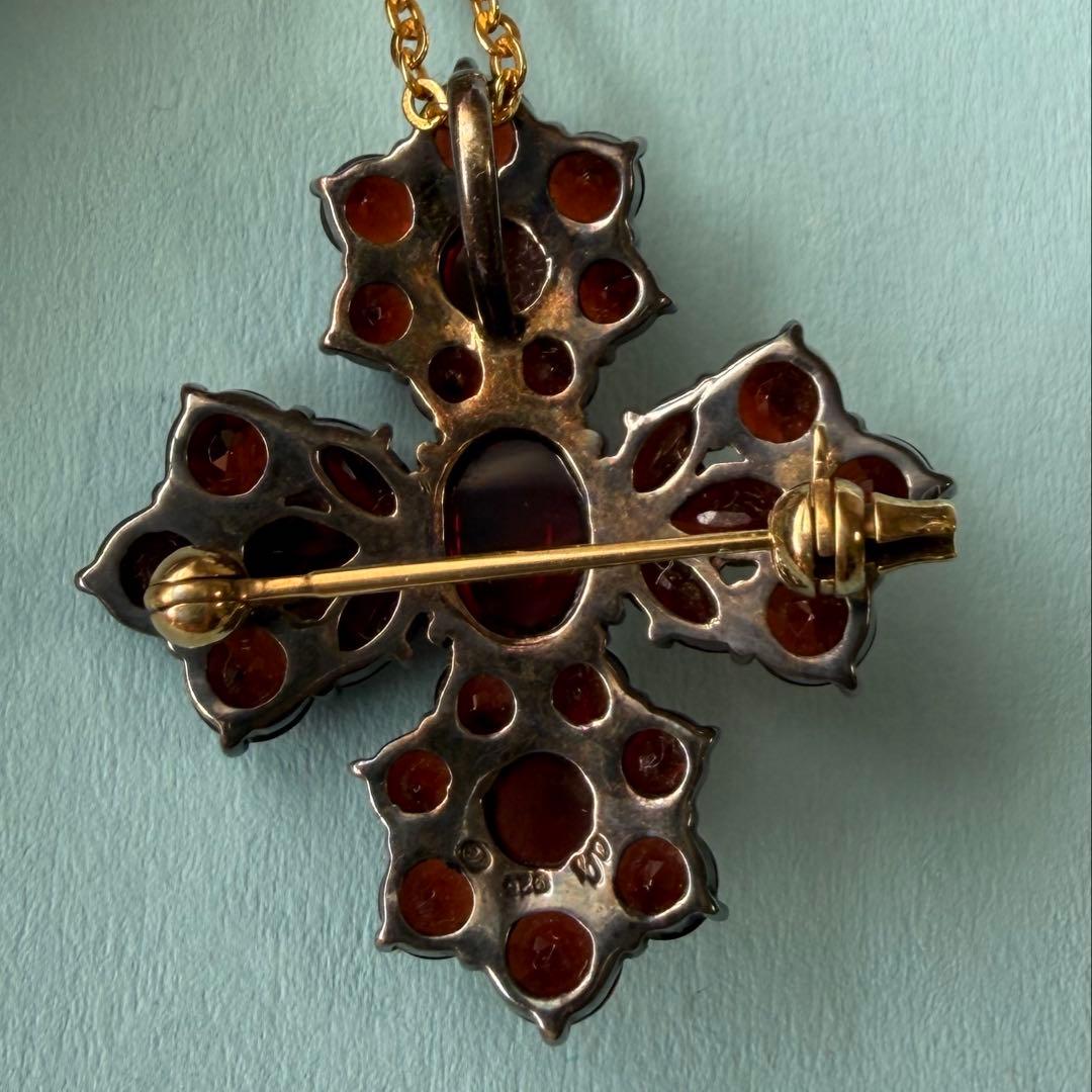 碌山 ロクザン ヴィンテージ風 十字架 ブローチ ガーネット ペンダント