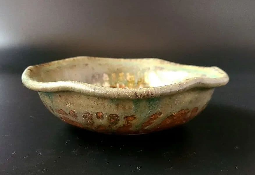 茶道具 緑釉 草花文 亀甲鉢 菓子鉢 広永窯 川北半泥子の