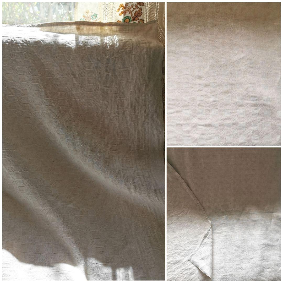 アンティーク フランス1880頃 幾何学模様ダマスク織り天然リネン