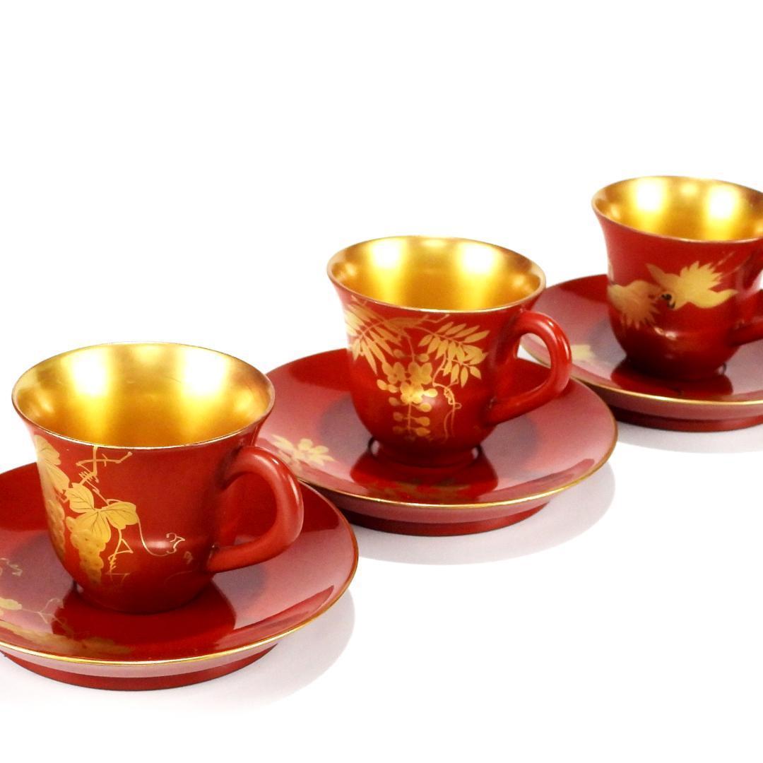漆器 赤金 花柄 カップとソーサー 6客セット