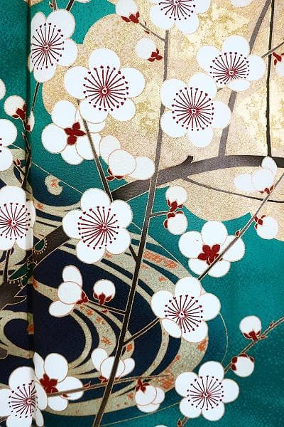 美品 振袖 緑 枝梅 雲取 流水 金彩加工 身丈160cm お洒落 フォーマル