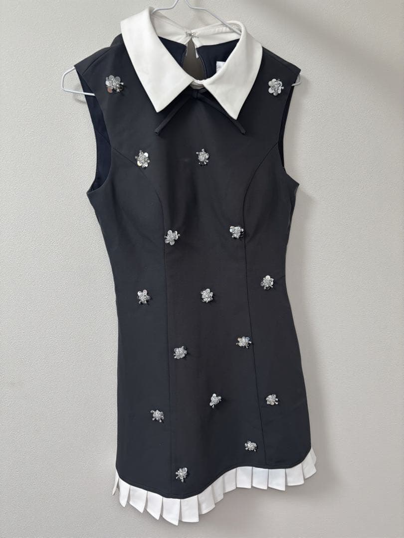 襟付きリボンスパンコールワンピースドレス/キャバドレス