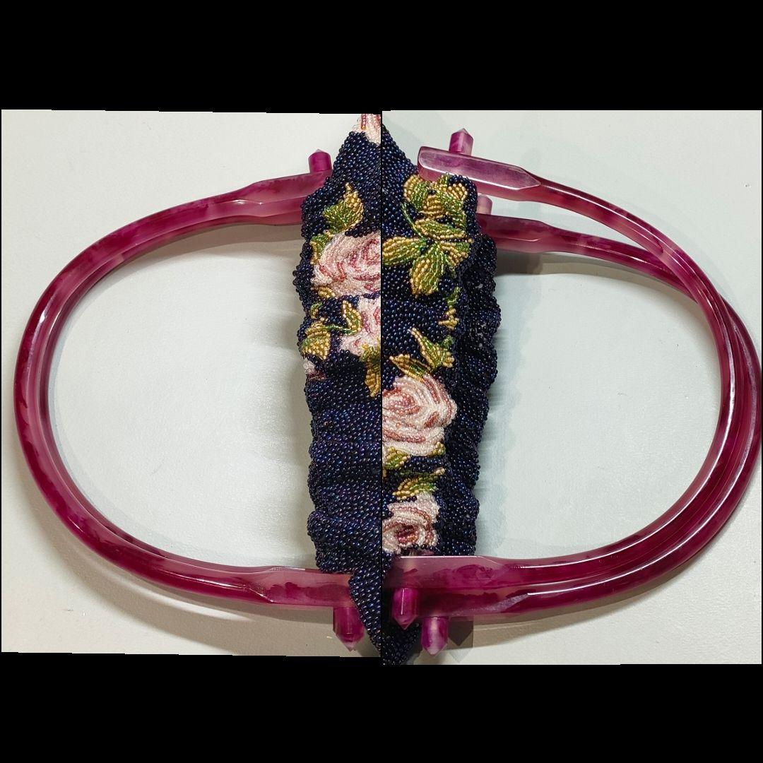 総ビーズバッグ レトロデザイン バラ柄 ネイビー ハンドバッグ