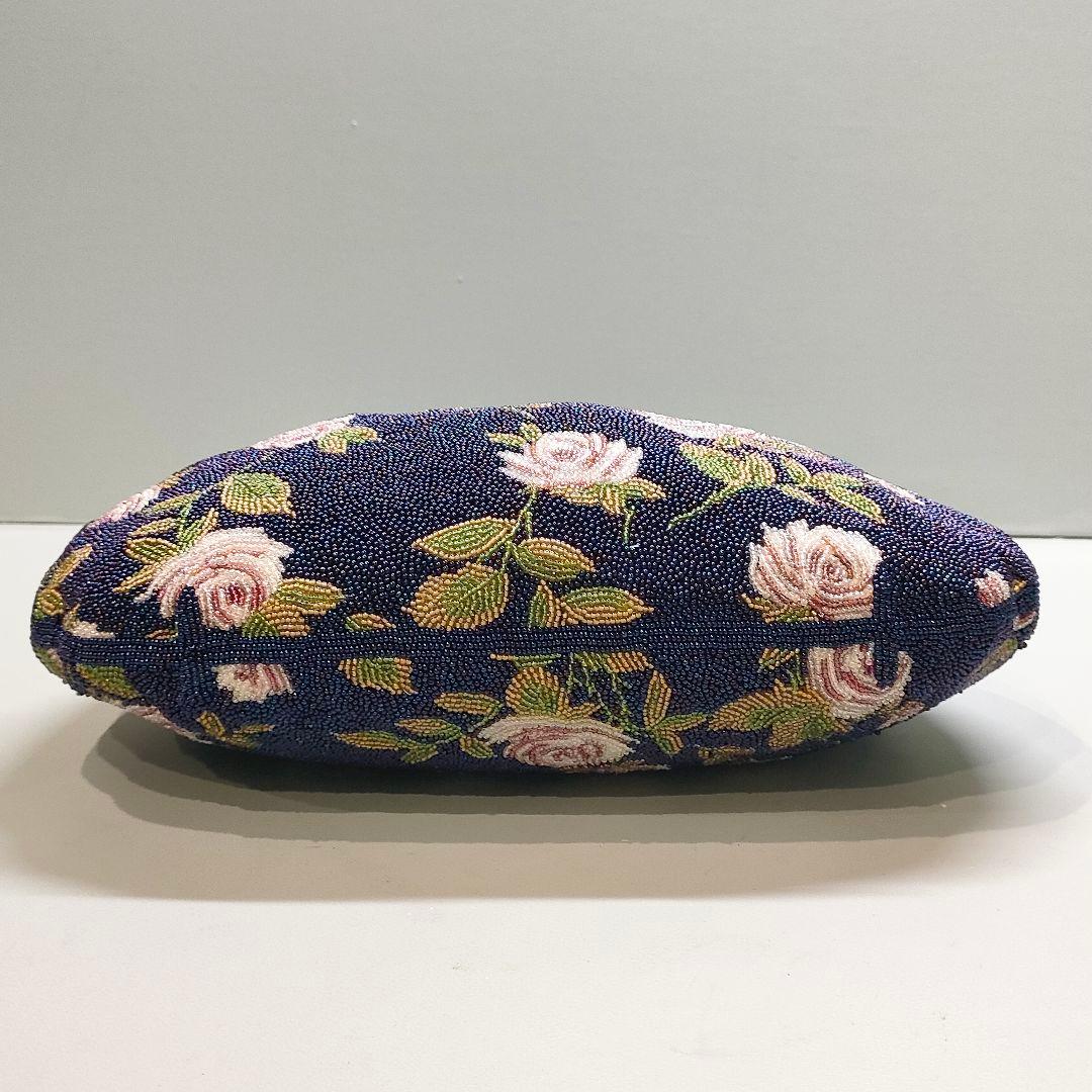 総ビーズバッグ レトロデザイン バラ柄 ネイビー ハンドバッグ