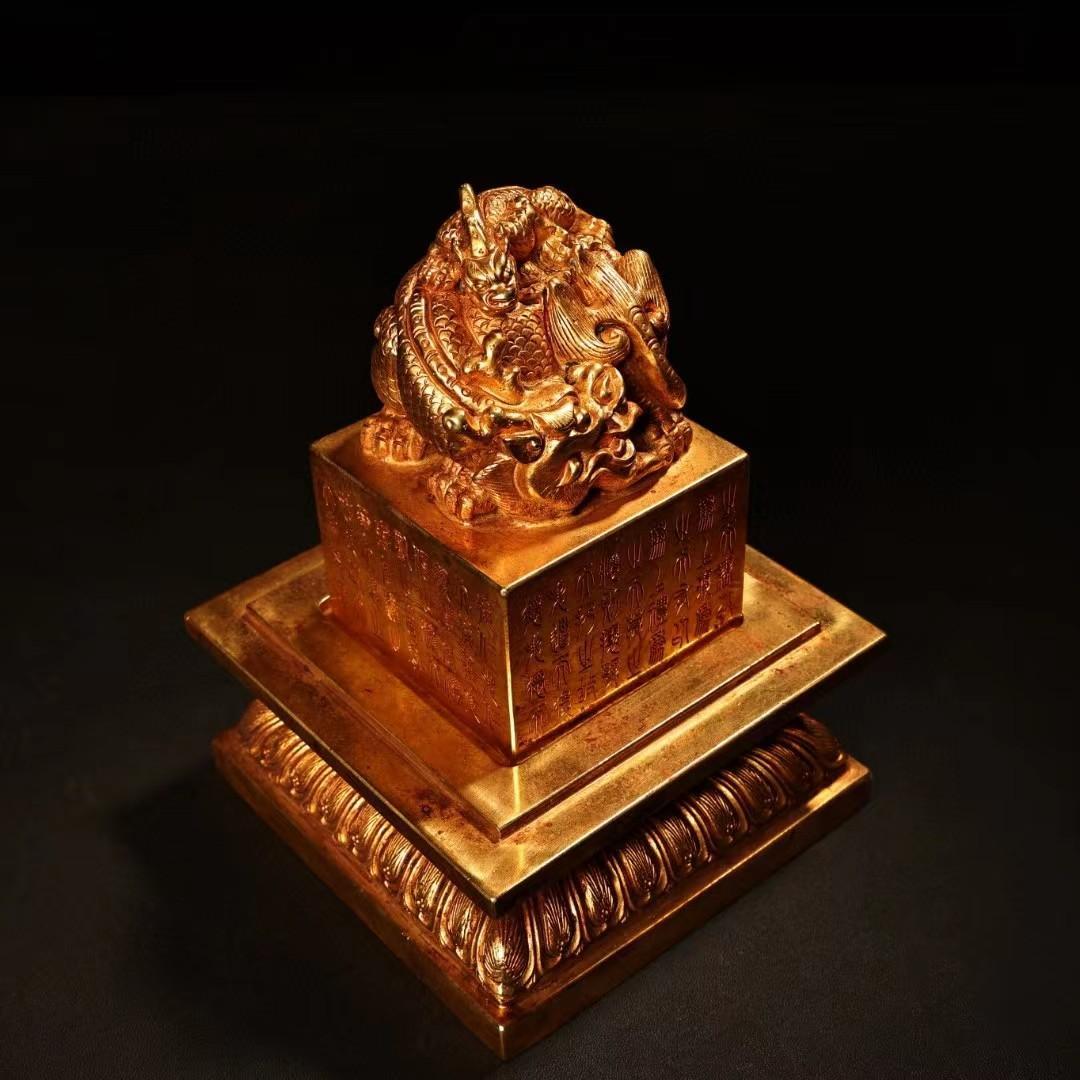 中国古美術・旧蔵鏨刻鎏金錾花の親子印鑑・純銅赤