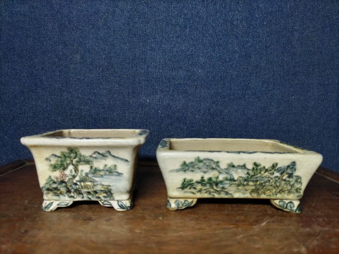 陶翠 唐獅子 染付盆栽鉢 陶翆2鉢 早い者勝ち 丸 盆栽