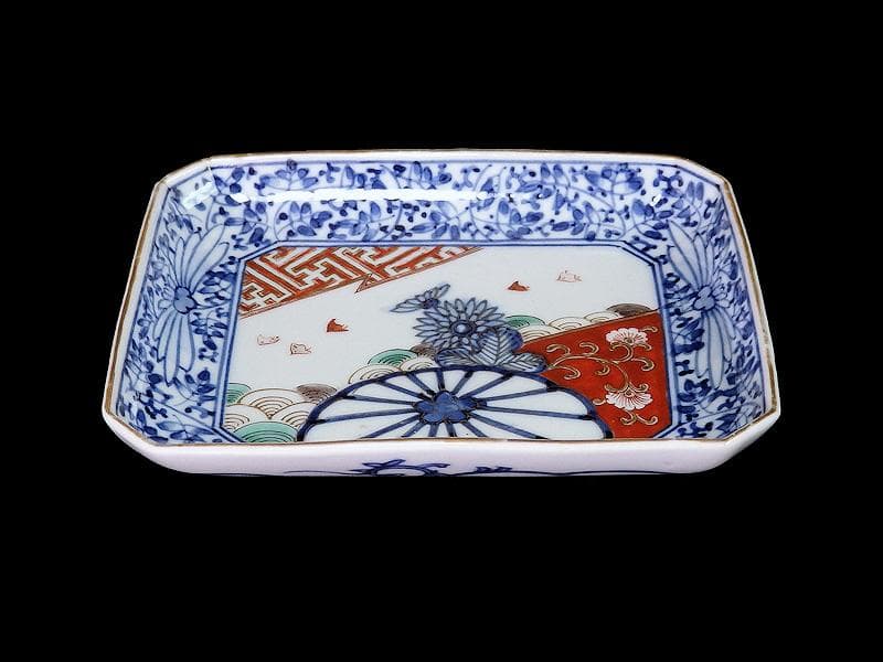 大聖寺伊万里 染錦 波千鳥に菊 花唐草の図 長皿 B288AS-CRn