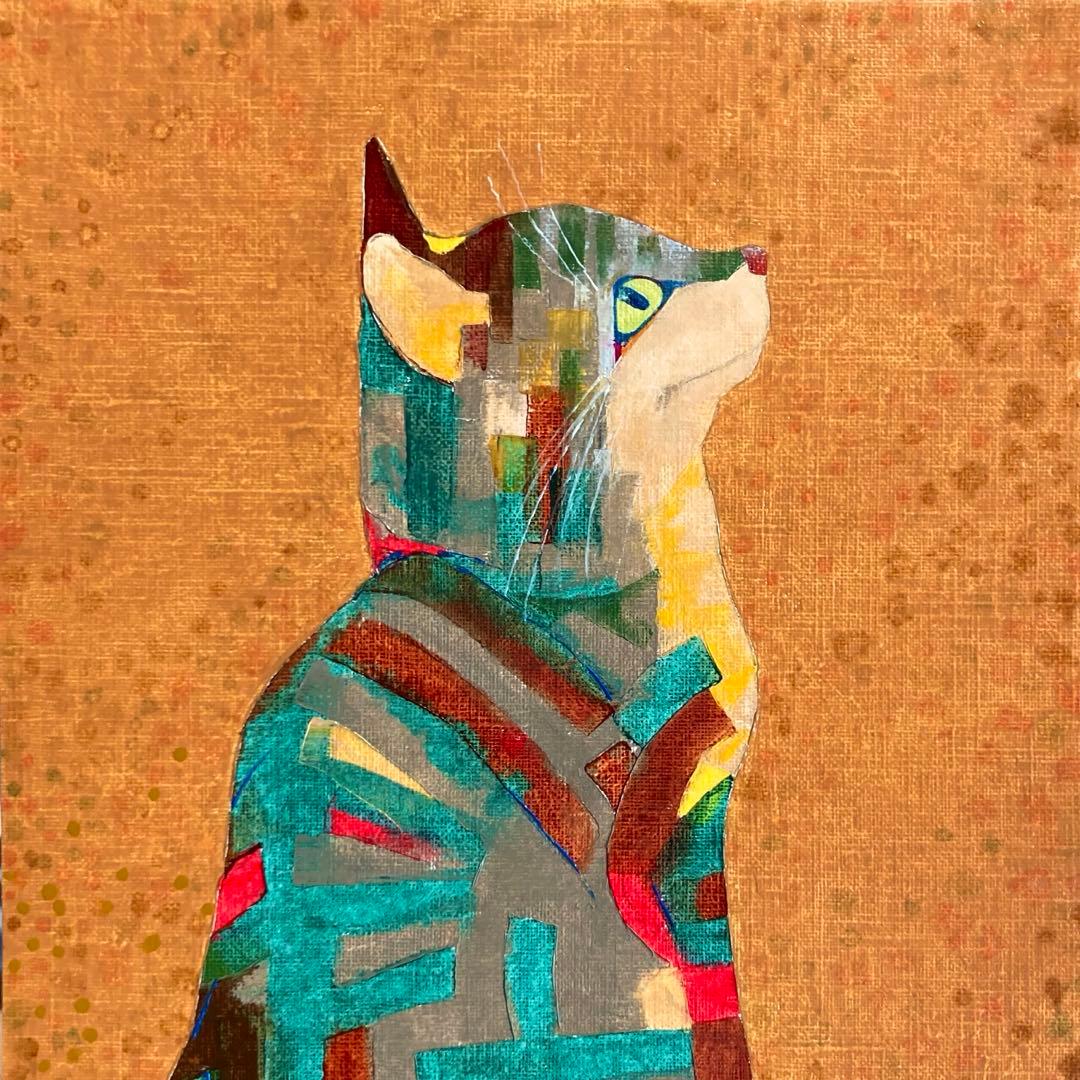 猫のジル」4号サイズ 油絵 よこたさよ作品 猫×四角Ⅴ／紙版画