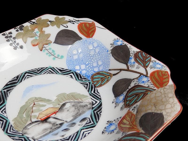 九谷色絵草花に蝶の図角皿5枚D597A- BCp