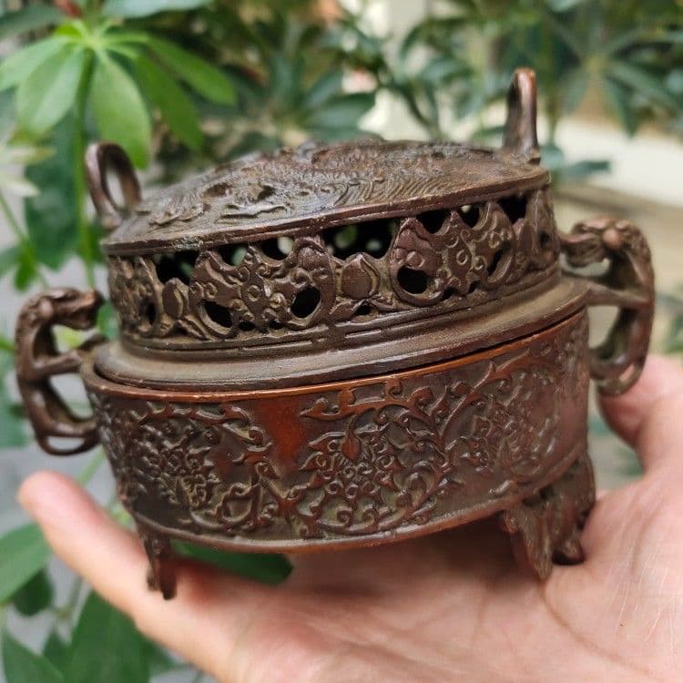 銅器 重工 彫刻 竜鳳薫香炉 美品 茶道具 香道具 工芸品美術品 置物