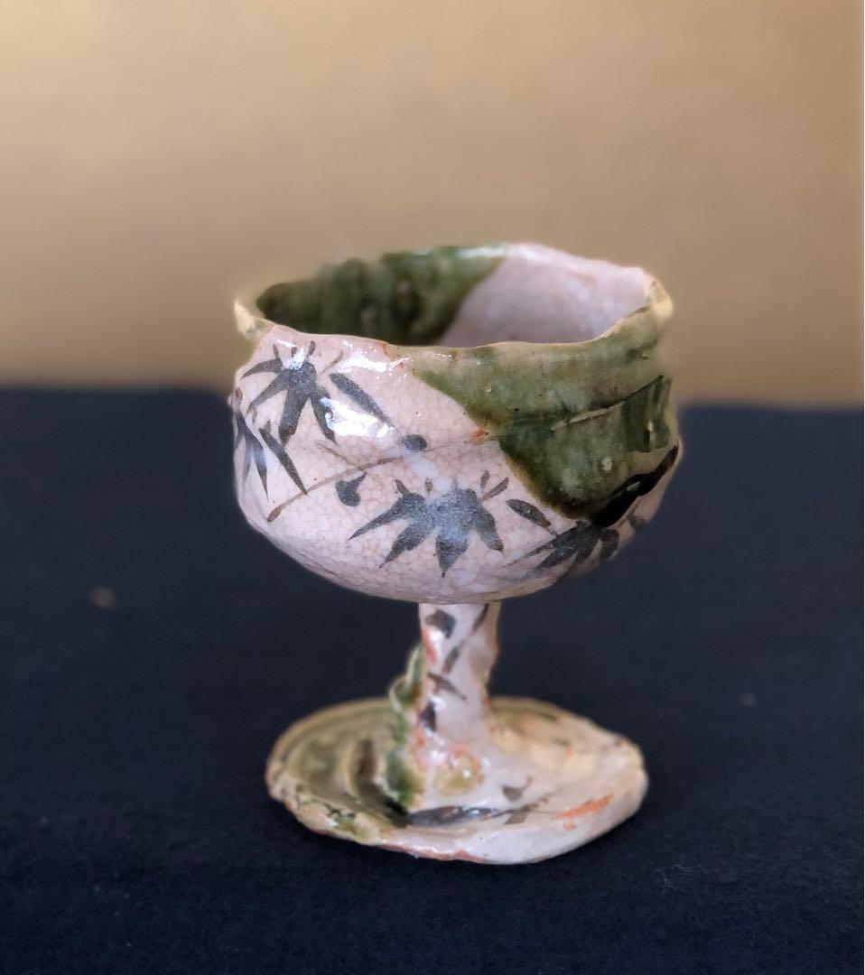 《R》織部焼 葡萄酒盃 5客 ワイン 玉置保夫作 陶歴 共箱 251014い2