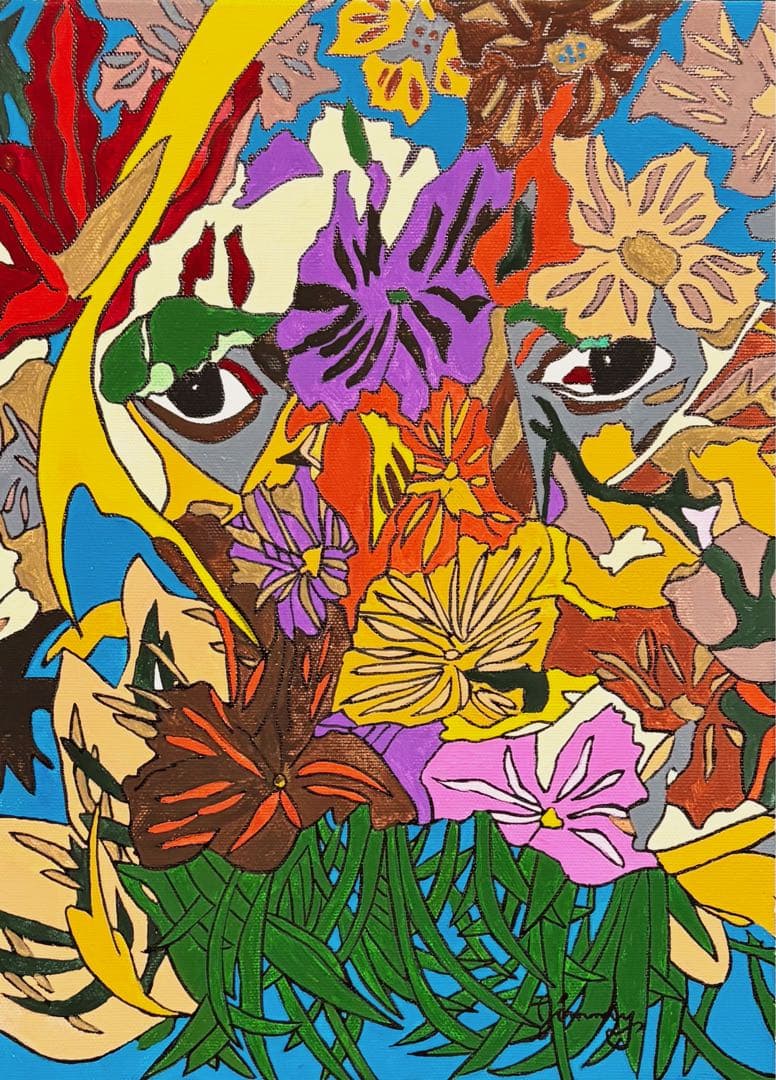 F4号】手描き油彩 ジミー大西 ジャングルの眼 サイン 落款 額縁 未使用