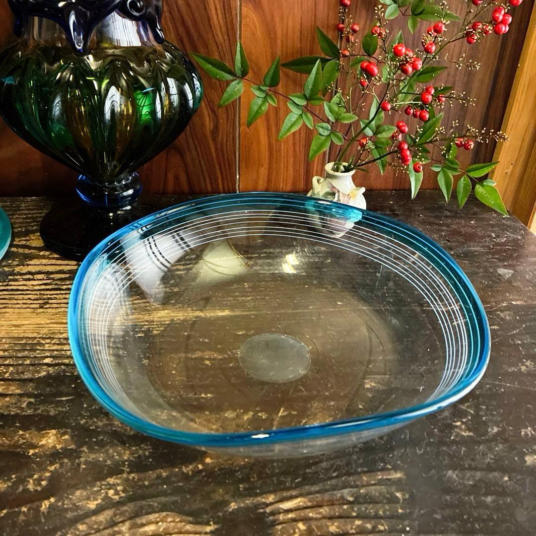 骨董 レトロガラス 四角型 濃水色フチ 線巻 糸巻 菓子鉢 花器 ウランガラス