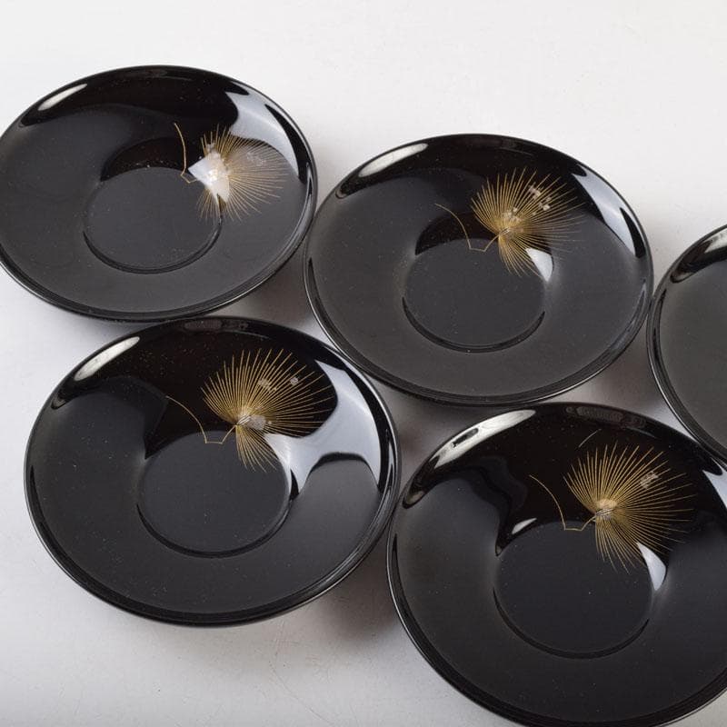 輪島塗　大向高洲堂　黒漆　飛松沈金　銘々皿　五客　箱付　N　9006