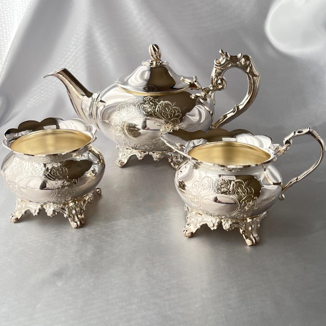 【英国】 ビクトリアンのティーセット 3点【シルバープレート】ティーポット