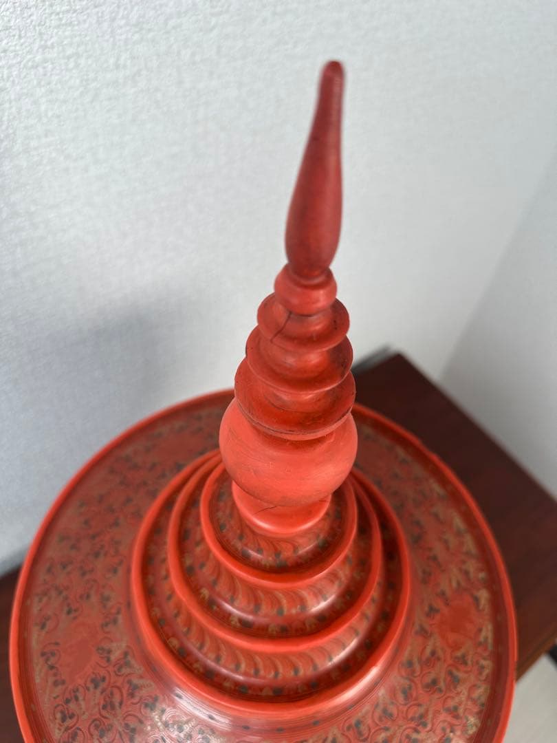 ミャンマー アンティーク 漆器 蒟醤 仏塔形 供物器 高さ約62cm ※31※