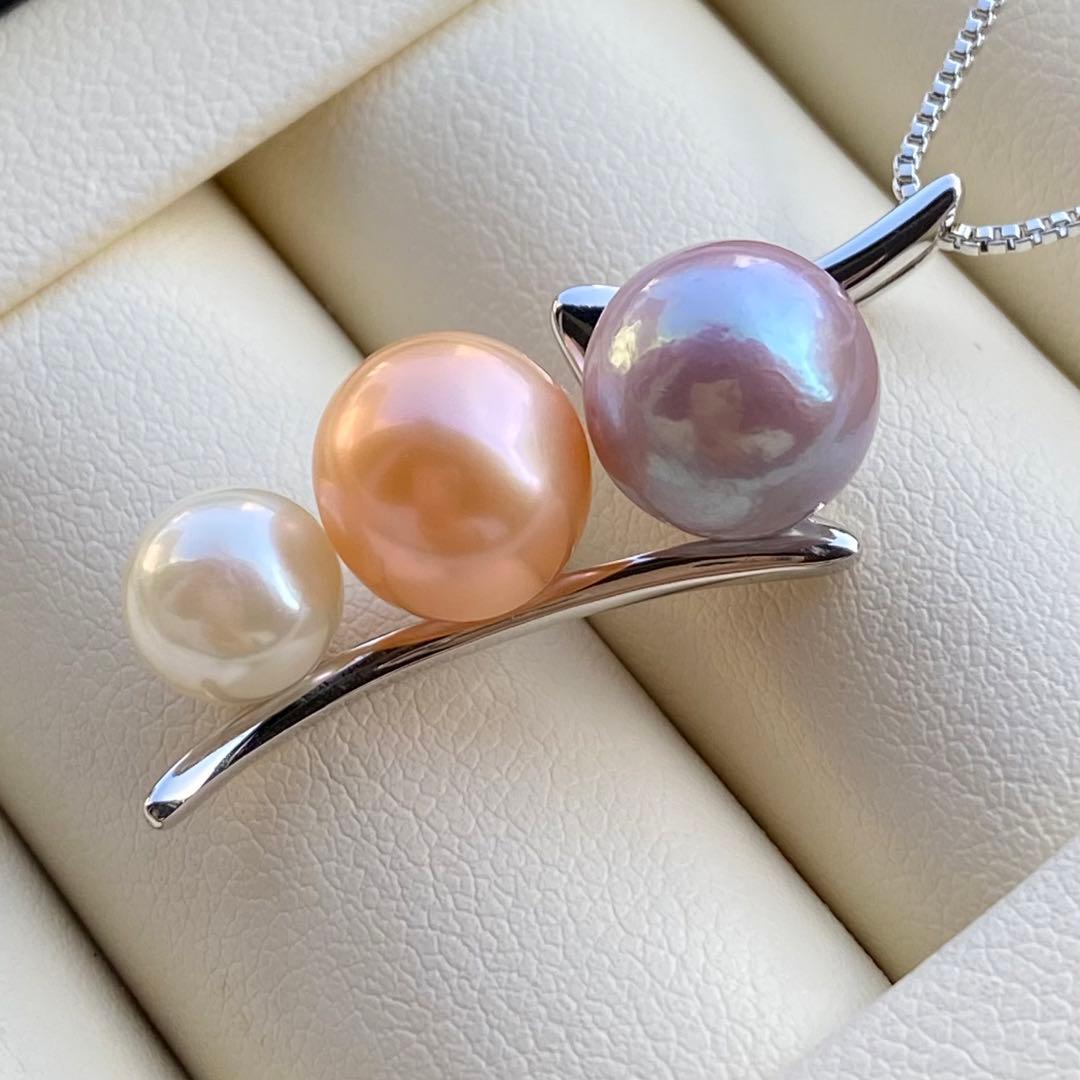 本真珠 淡水エジソンパールネックレストップ 3粒PT577+L856まとめ