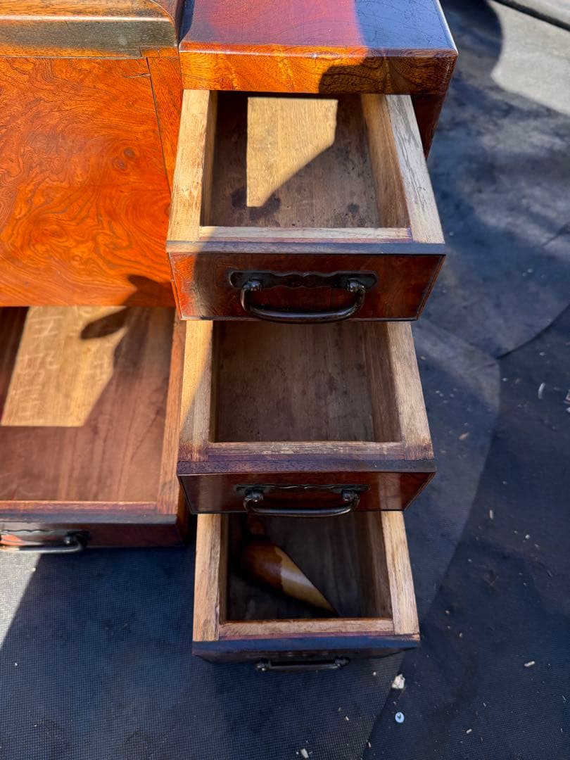 昭和初期 関東長火鉢 欅玉杢 木製 古民具 引き出し付 灰床 五徳 灰匙