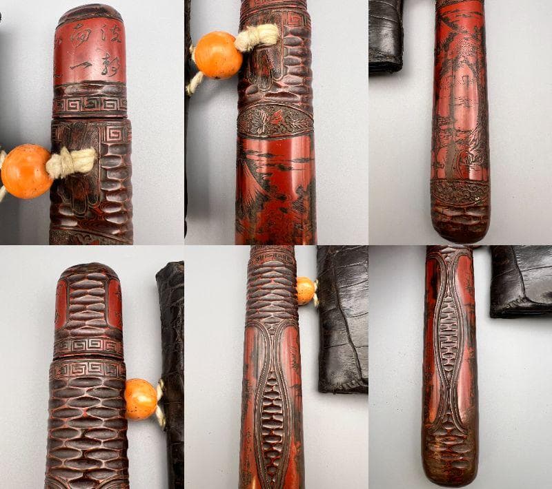 江戸明治時代 極上山水詩堆朱絵 秀心翁在銘 タバコ入 大玉珊瑚根〆