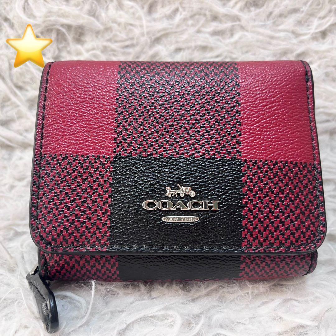 美品】COACH コーチ 格子柄 三つ折り財布 コンパクトウォレット 赤×黒