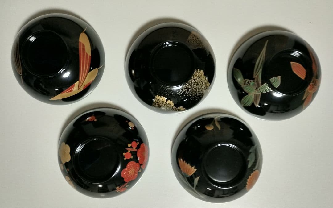 輪島塗　四君子蒔絵 遠山沈金　吸物椀　5客セット　角偉三郎など5人作家もの