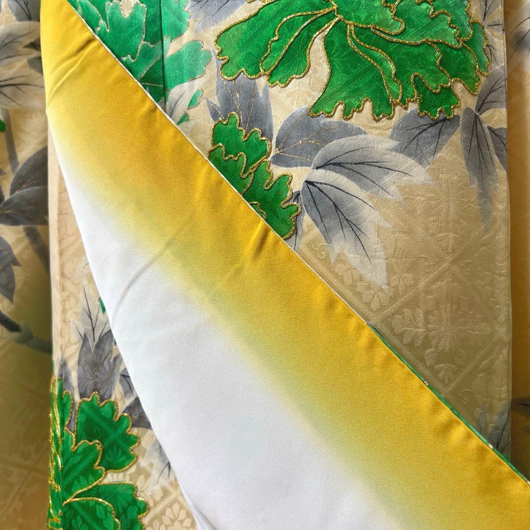 398 振袖フルセット 正絹 クリーム グリーン 緑 黄 金彩 手描き 駒刺繍
