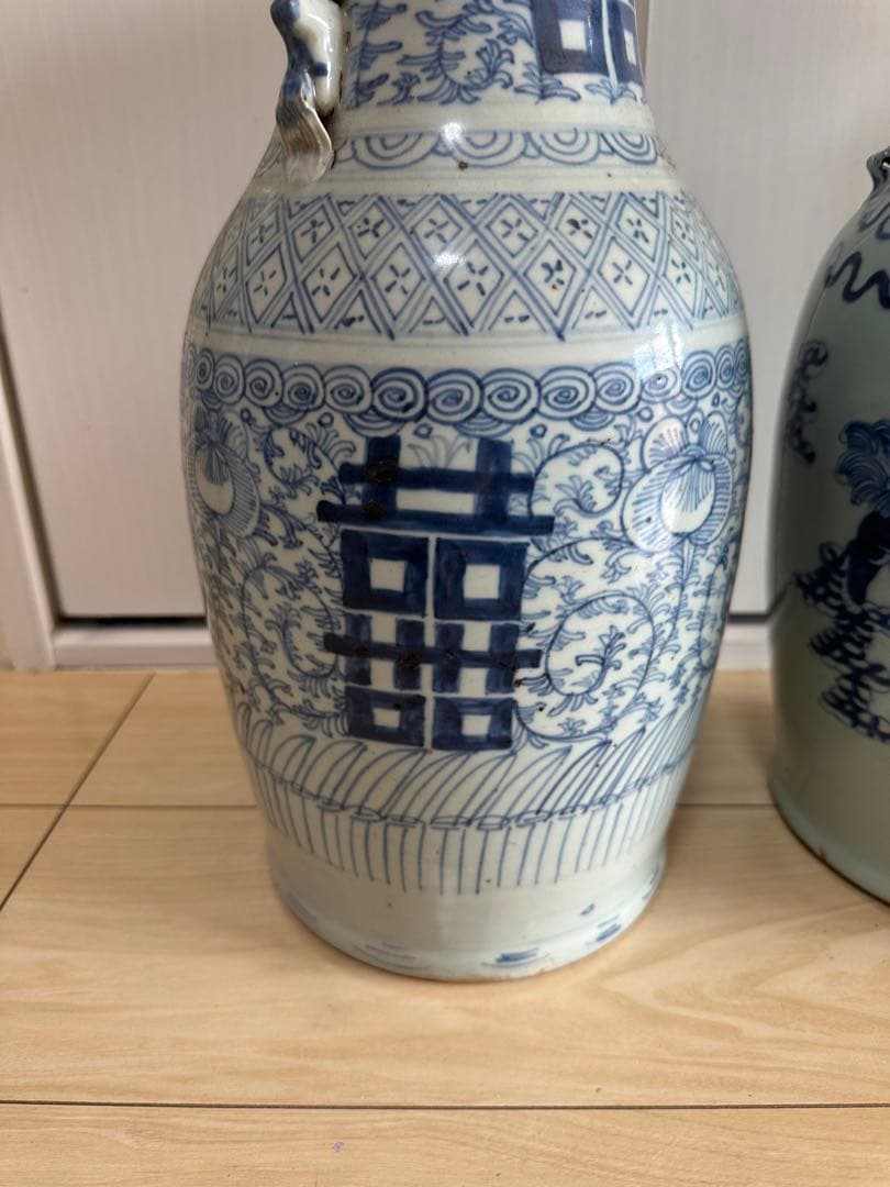 清時代 染付大花瓶 青華 獅子 骨董古美術