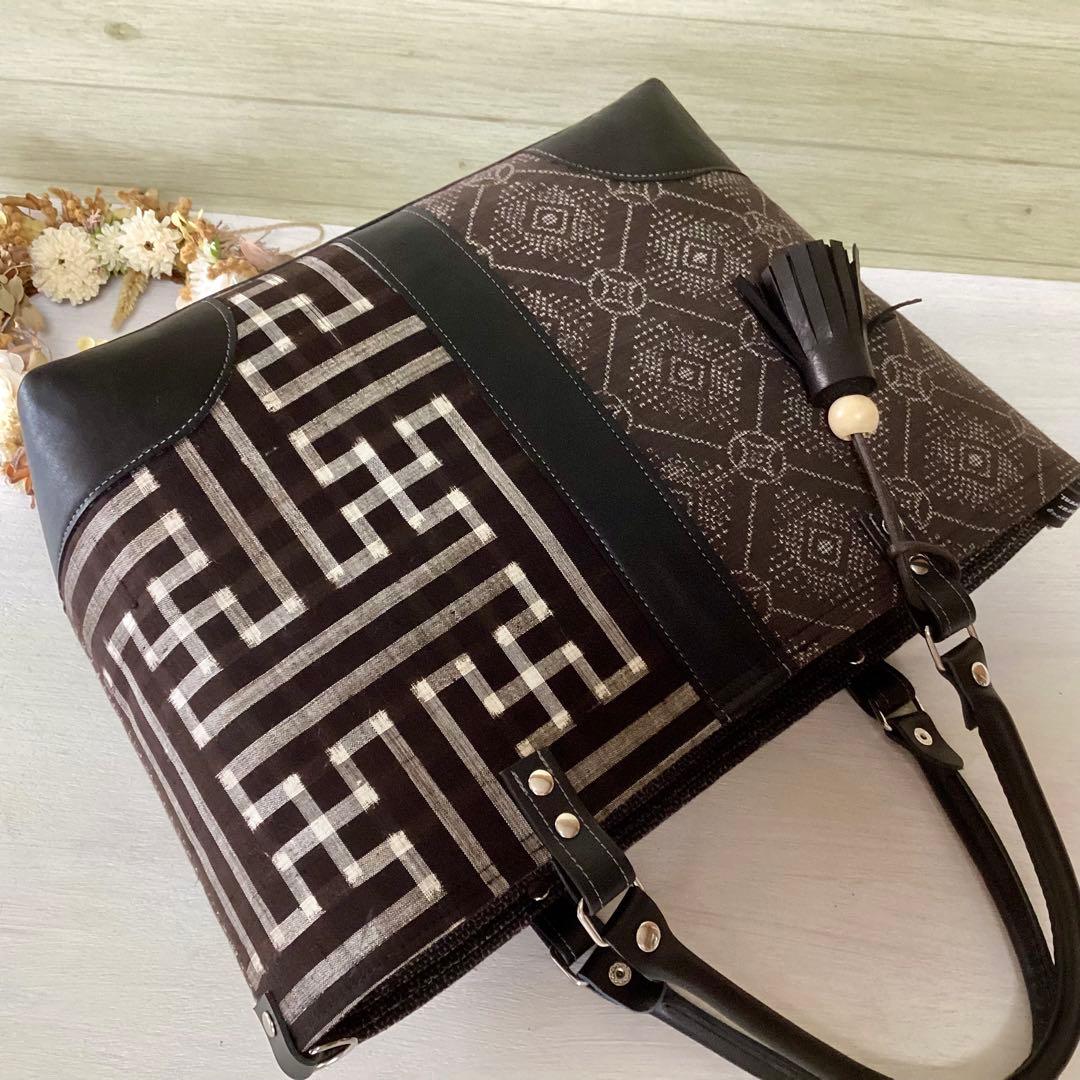 秋名バラ 大島紬 ×本革 着物リメイク トートバッグ 和装バッグ ハンドメイド