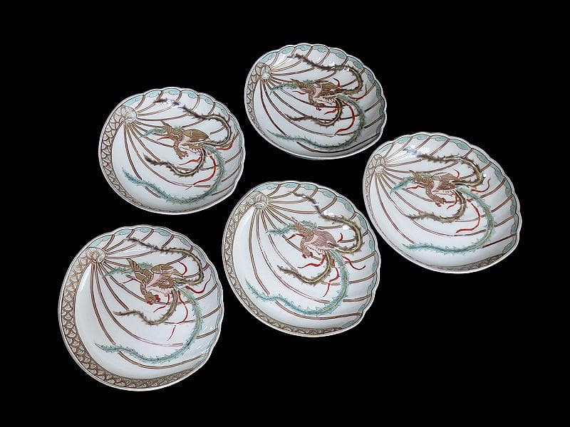 古伊万里　金襴手　鳳凰の図　鮑型変形皿　５客　E941AS-CRr