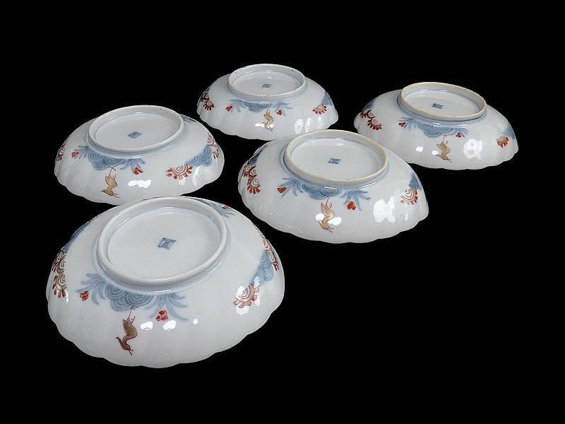 古伊万里　金襴手　鳳凰の図　鮑型変形皿　５客　E941AS-CRr