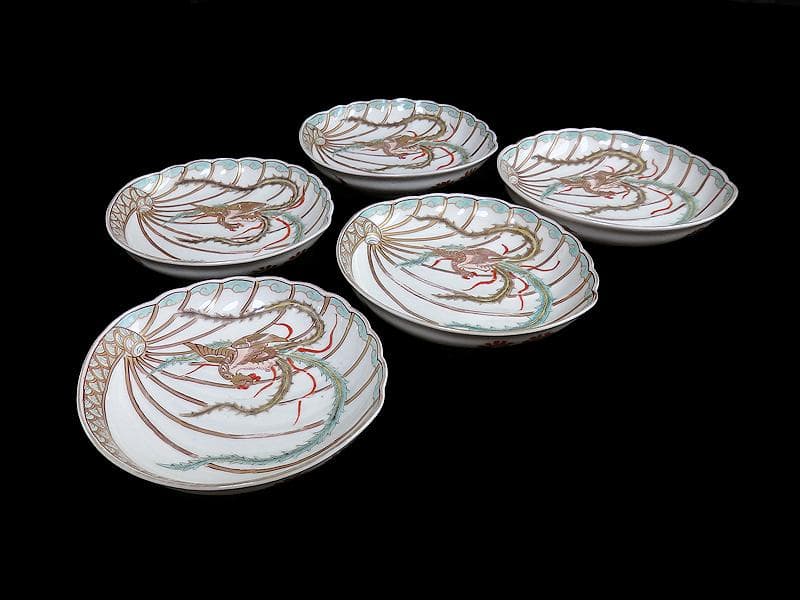 古伊万里　金襴手　鳳凰の図　鮑型変形皿　５客　E941AS-CRr