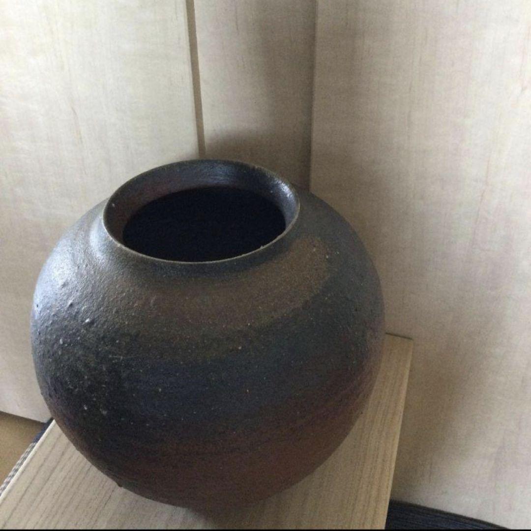 1・新品未使用　備前焼　花瓶 共箱　的野求　まる壺　木箱入り　夕立受窯　陶歴