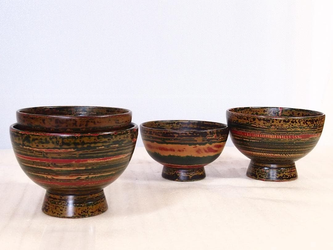 【未使用】独楽塗 合鹿椀 2客＆汁椀 2客 入れ子椀/雑煮椀/煮物椀/お椀 漆器