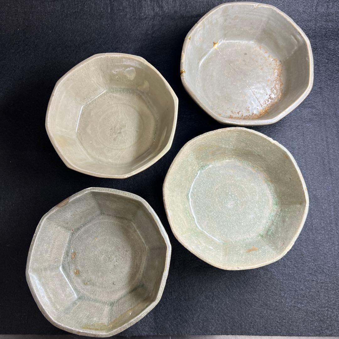 16世紀 高麗青磁 上手白泥象嵌八角鉢4客 幅約11.5㎝